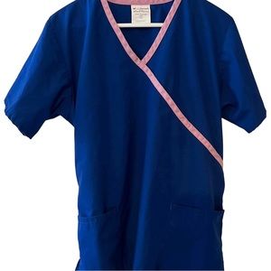 AllHeart Mock Wrap Blue And Pink Scrub Top Size M